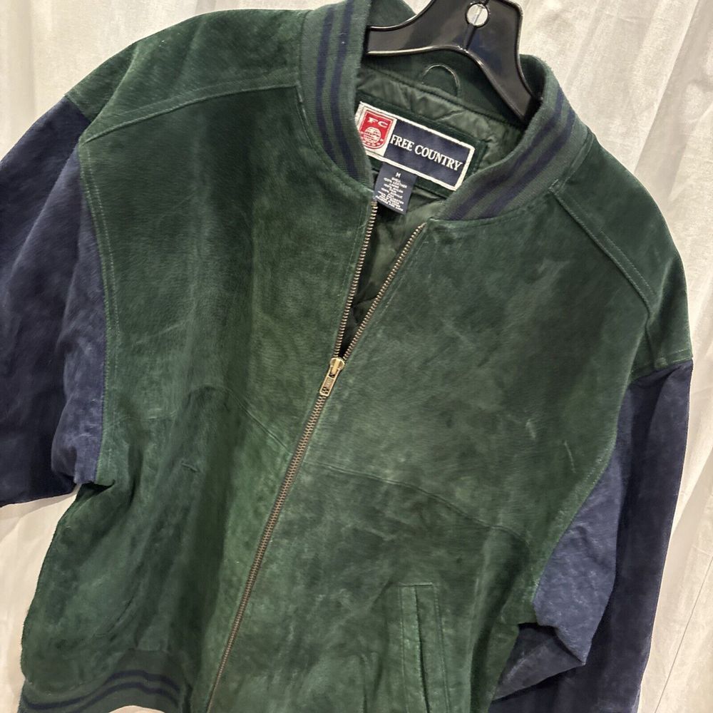 Free Country Suede Leather Bomber Jacket Mens Medium‎ Varsity Letterman Vtg Blue - Picture 2 of 5